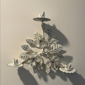 White Floral Candle Distressed Reproduction Toleware 3 Candle Holder Wall Decor